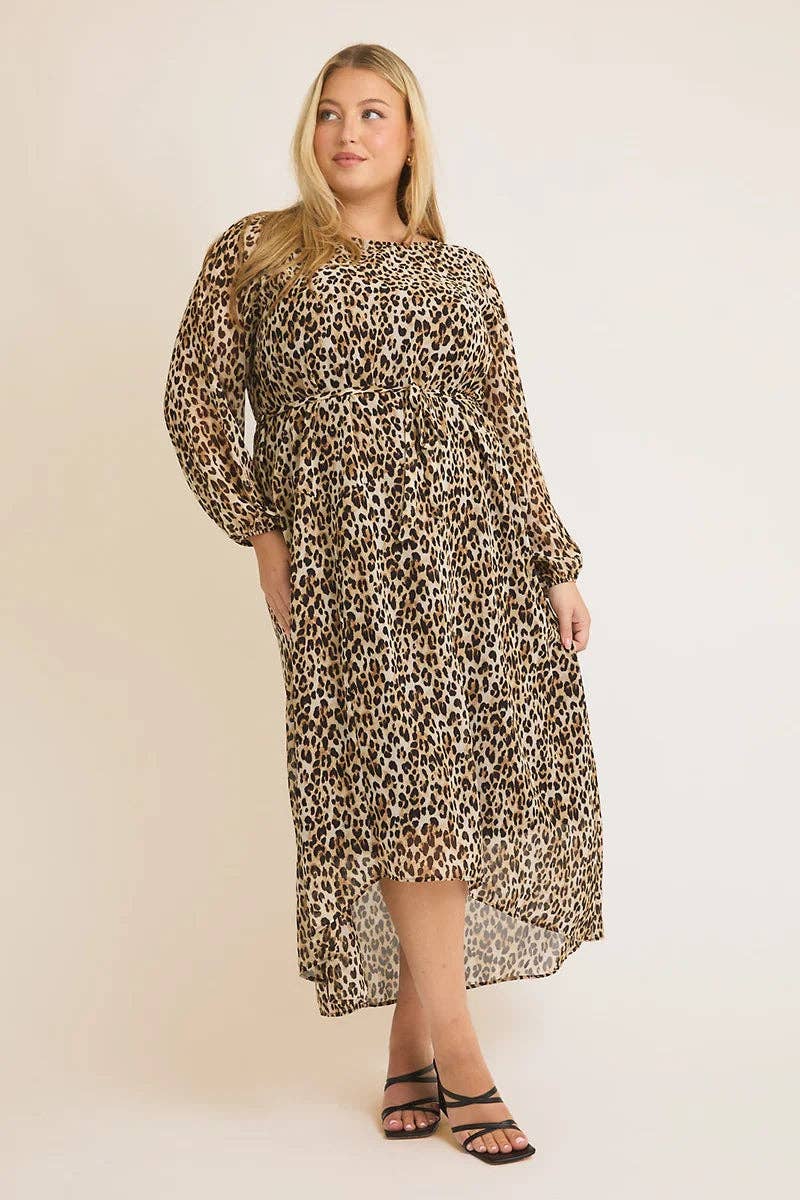 Plus Size Leopard Chiffon Front Tie Asymmetric Dress